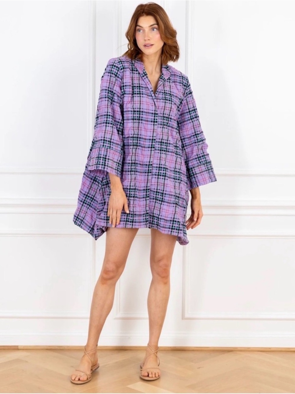 LA VIE STYLE HOUSE Crinkle Purple Plaid House Dress Coat One Size VGUC